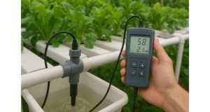 A side-by-side comparison of an inline hydroponic sensor and a handheld meter, demonstrating the difference in monitoring technology for pH and EC.