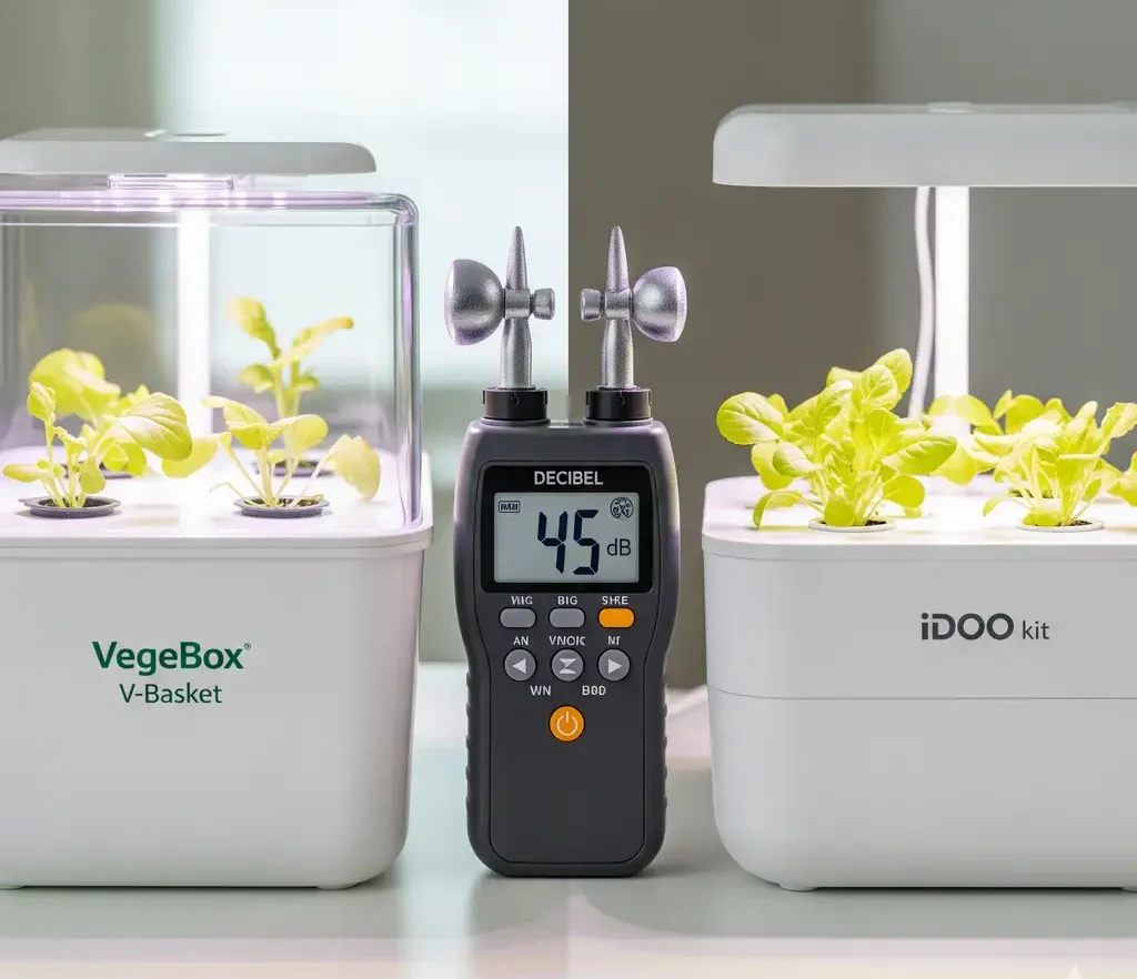 A side-by-side photo of a hand-held decibel meter next to a VegeBox V-Basket and an iDOO kit, showing the difference in noise levels between two popular budget hydroponic systems.