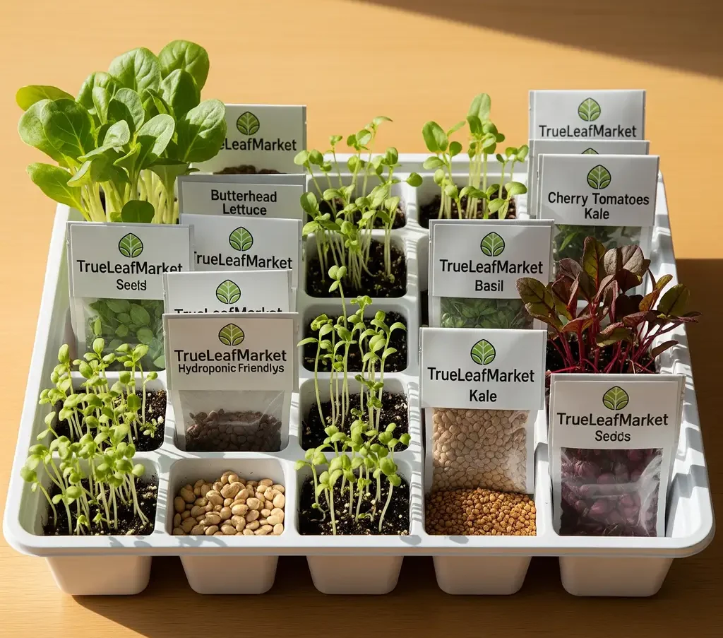 A Microgreen seed pod with sprouted seed and label with the name card 