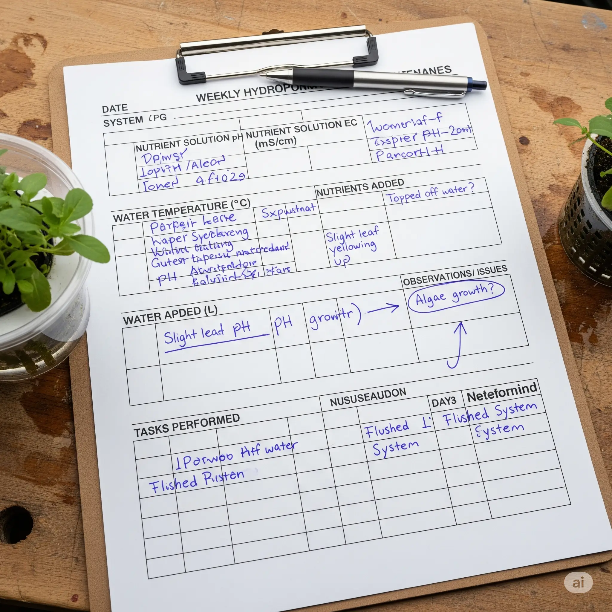 A photo of a printed weekly hydroponic maintenance log sheet used for troubleshooting and tracking data.