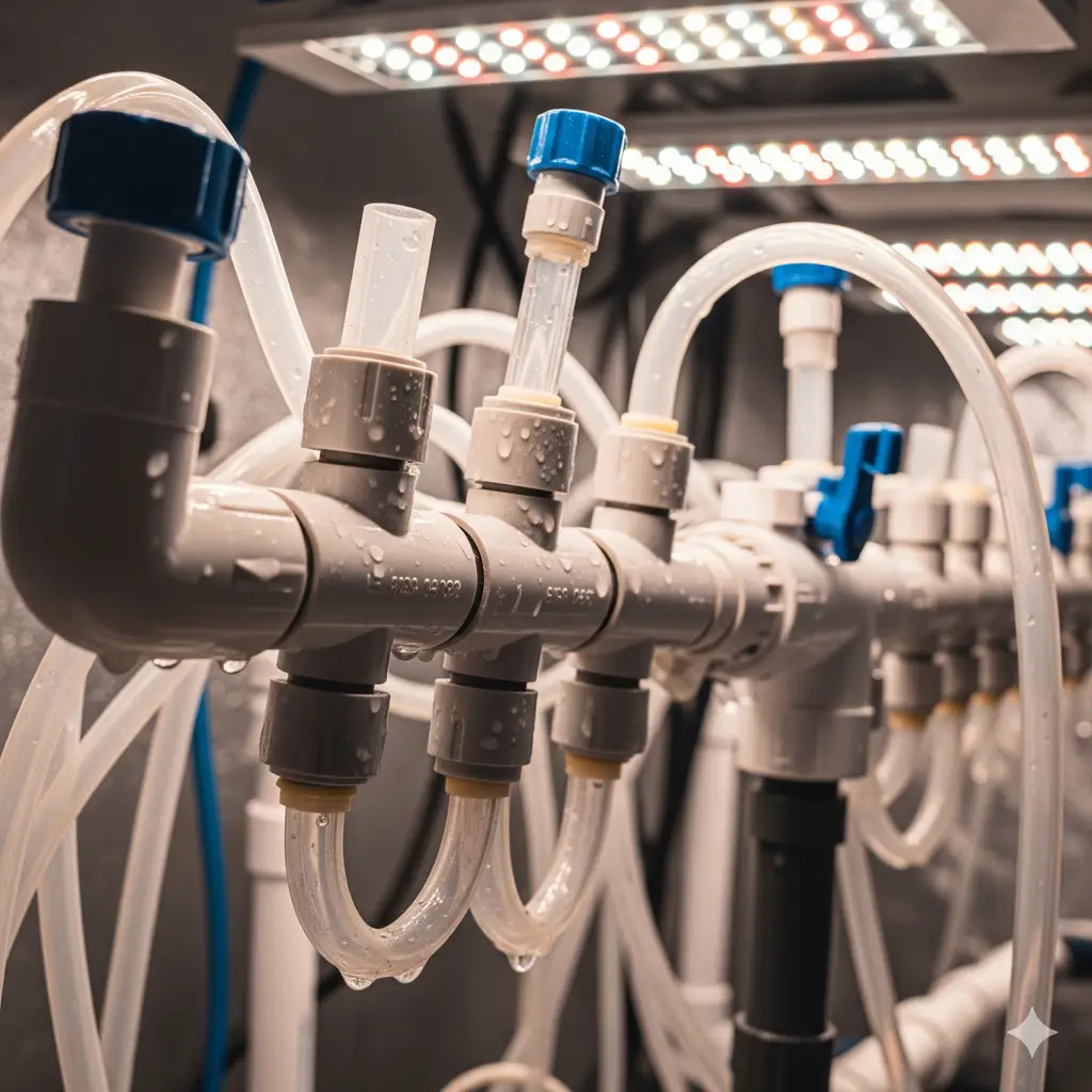 A close-up view of hydroponic manifold tubing, illustrating the difference between PVC and flexible silicone pipes and their impact on flow.
