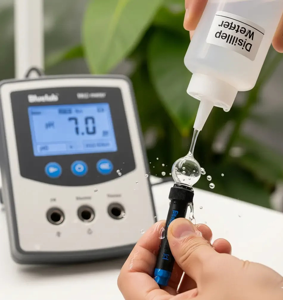 A person carefully cleaning a Bluelab pH probe with distilled water before replacing it on a mid-range hydroponic meter.