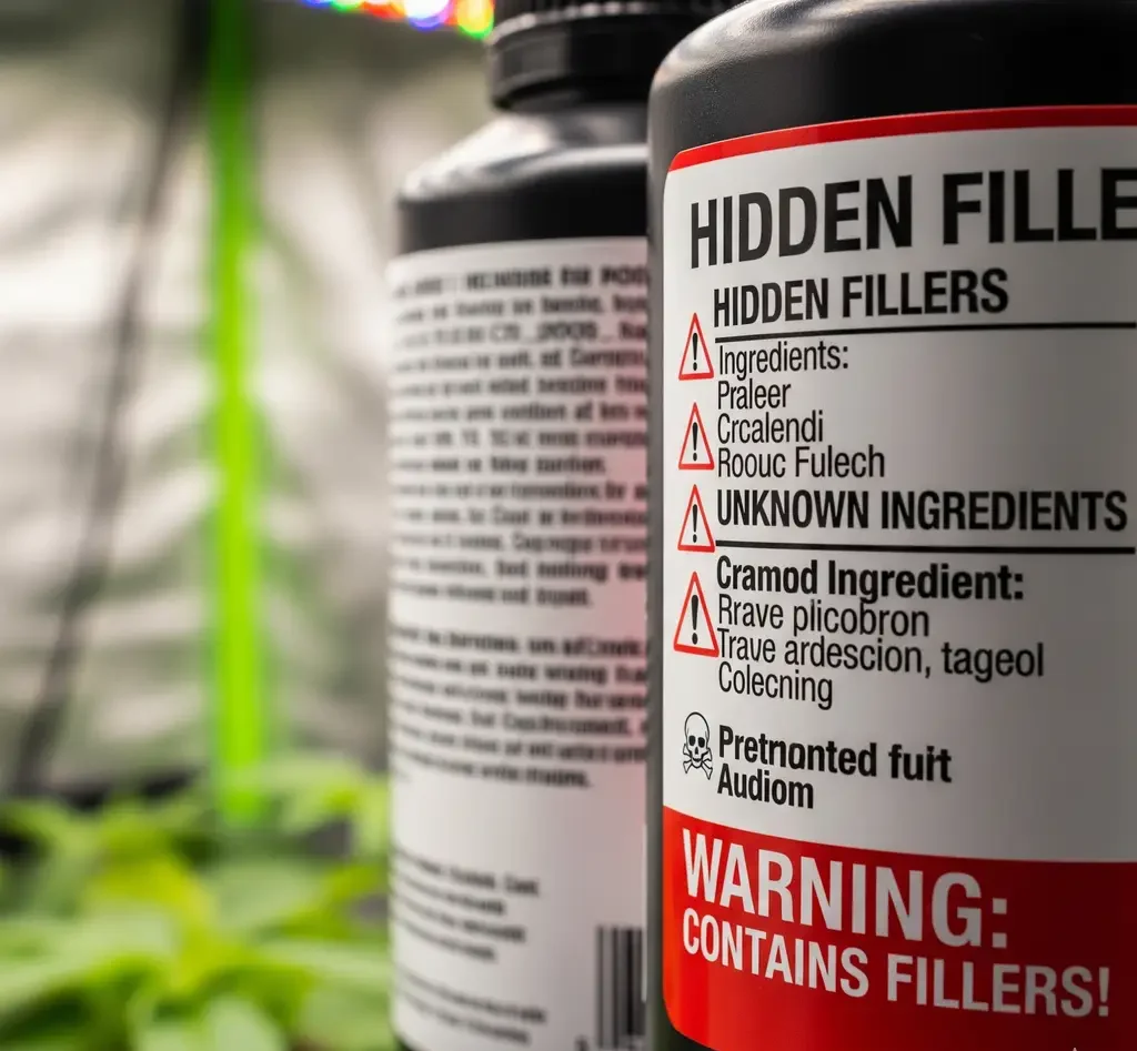 Hydroponic Nutrients 2025: The Clean Mix, pH Stability & Label Truths Labs Don't Share 3 A close-up shot of a blurry, vague hydroponic nutrient label next to a clearly labeled one, showing the red flags of hidden fillers and ingredients.