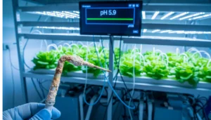 A corroded hydroponic pH and EC meter probe, symbolizing the importance of regular calibration and maintenance to prevent a "silent pH crash" from killing a crop.