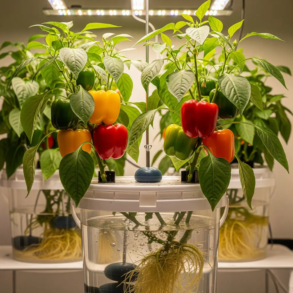 Bell pepper plants thriving in a DWC system for hydroponic peppers.