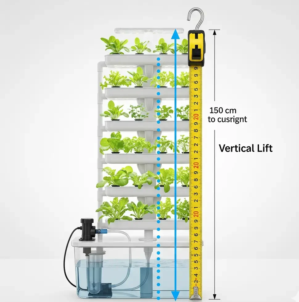 Measuring the vertical head height for a solar hydroponic pump in a multi-tier system.