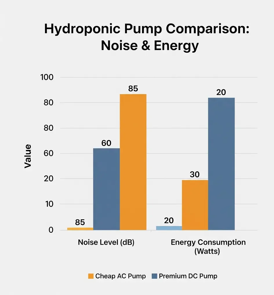 A bar chart comparing the noise levels and energy consumption of a cheap AC pump versus a premium DC hydroponic pump.