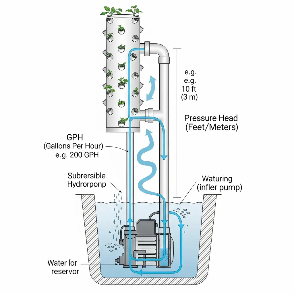 Vertical Hydroponics Unleashed: A DIY Blueprint for Urban Farming 3 A diagram of a submersible pump showing water flow from a reservoir up through a vertical pipe, illustrating the concepts of GPH and pressure head for a DIY vertical hydroponics system.