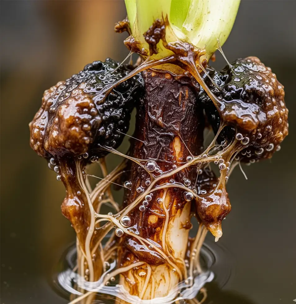 DWC vs NFT vs Aeroponics: The Ultimate Hydroponic Showdown (Yield, Cost & Risk) 2 A close-up of a brown, slimy plant root from a DWC system, illustrating the common issue of hydroponic root rot from a lack of dissolved oxygen.