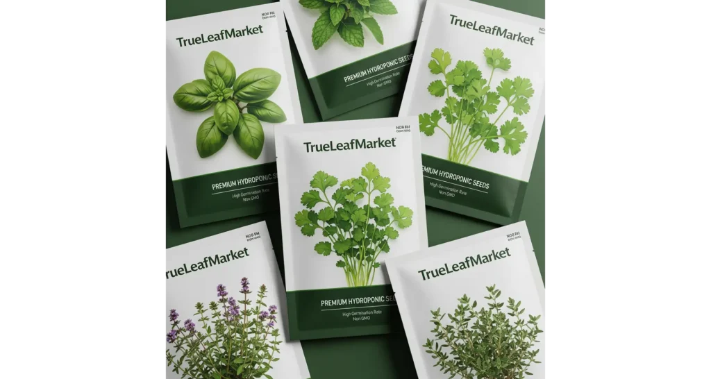 A collage of high-quality seed packets from a specialized supplier like TrueLeafMarket, highlighting premium seeds for a hydroponic herb garden.
