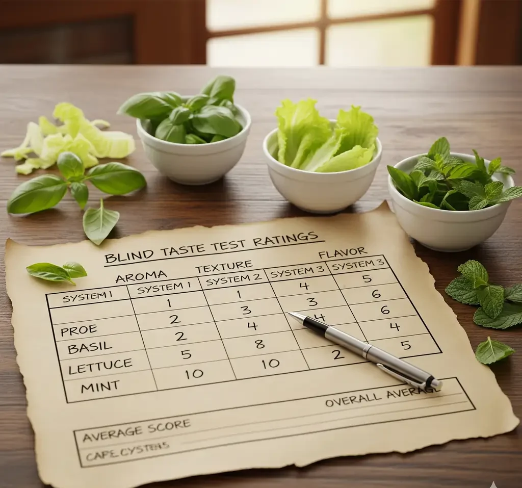 A table showing the blind taste test ratings for aroma, texture, and flavor for basil, lettuce, and mint grown in each of the three systems.