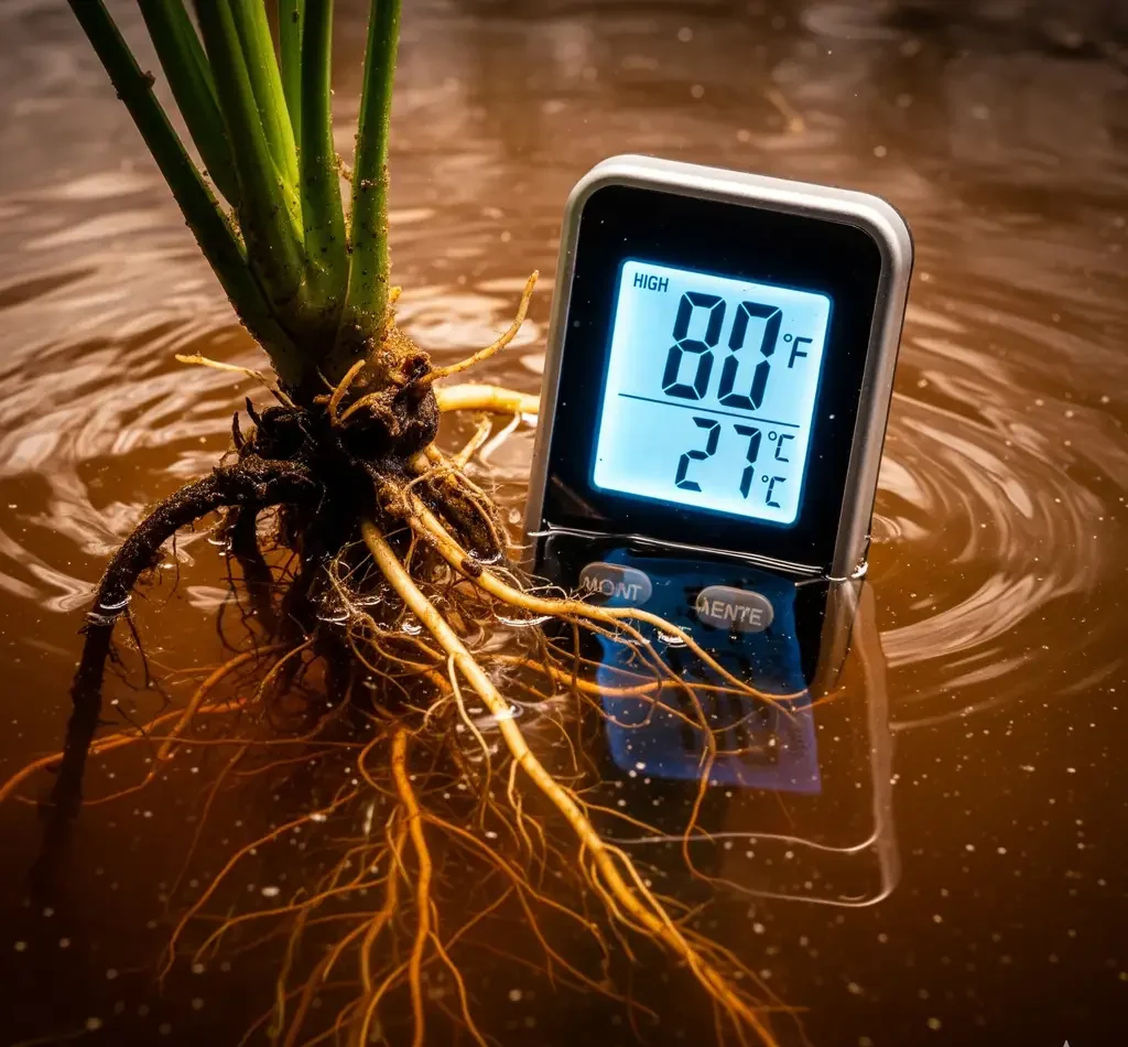 A digital thermometer showing a high hydroponic temperature in a brown, oxygen-deprived reservoir, illustrating the "5°F Death Zone."