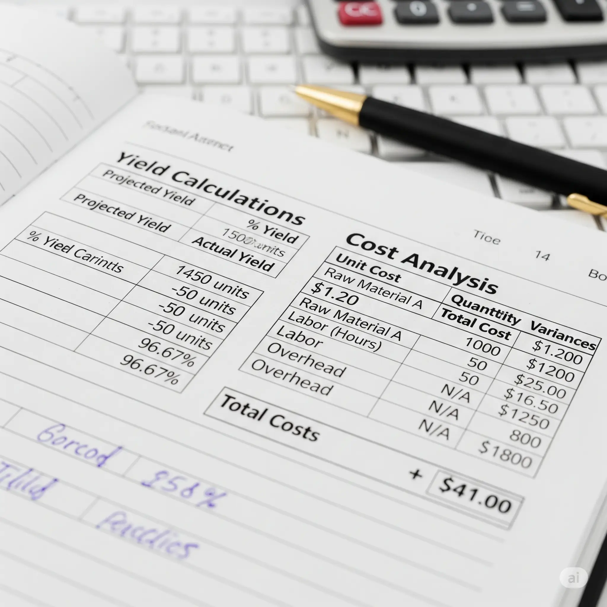 A close-up of a spreadsheet or a notebook page with a clear display of yield calculations and cost analysis.