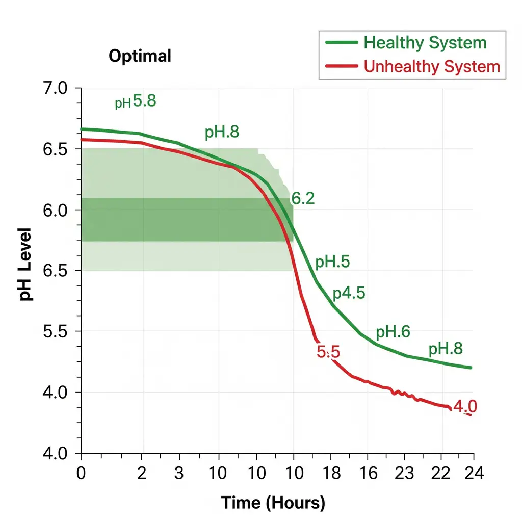 pH and EC Mastery: Crack the Code on Daily Drift & Correction Math 1 A line chart showing a healthy, minimal pH drift over a 24-hour period in a hydroponic system compared to a rapid, unhealthy pH crash.