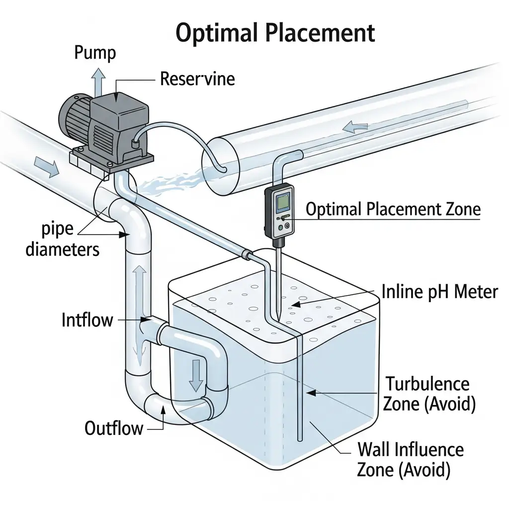 A diagram showing the optimal placement of an inline pH meter away from a pump's outflow and reservoir walls in a hydroponic system to avoid inaccurate readings.