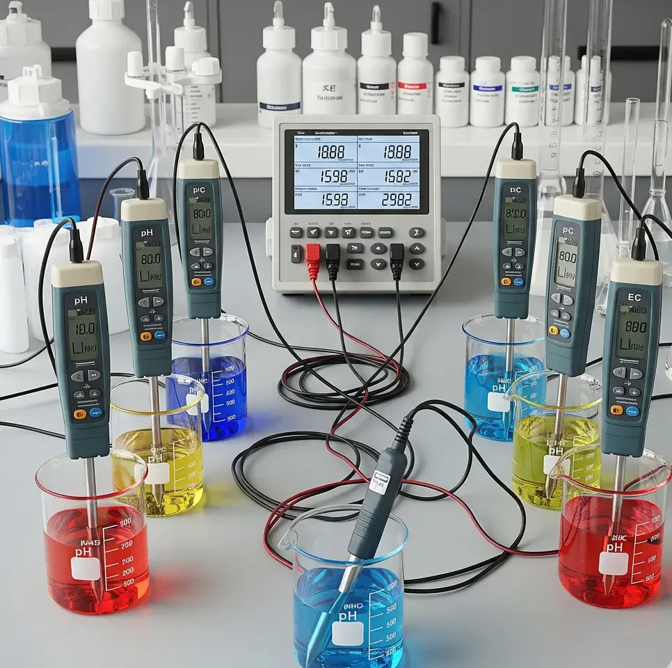A lab setup showing various hydroponic pH and EC meters being tested simultaneously in different solutions with an external temperature compensation probe.