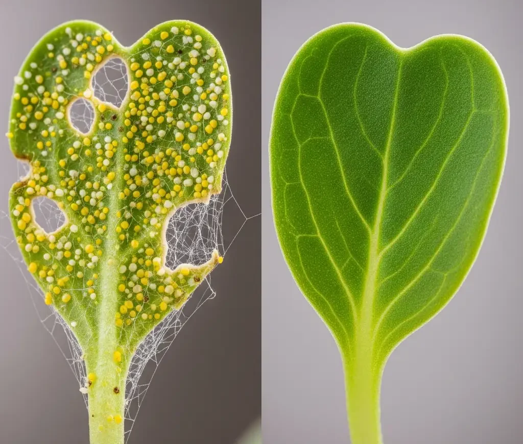 A close-up side-by-side shot of a microgreen leaf with spider mite damage versus a healthy leaf, showing the symptoms of pest infestation.