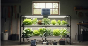 A small-scale, off-grid hydroponics system with a solar panel and a solar pump.