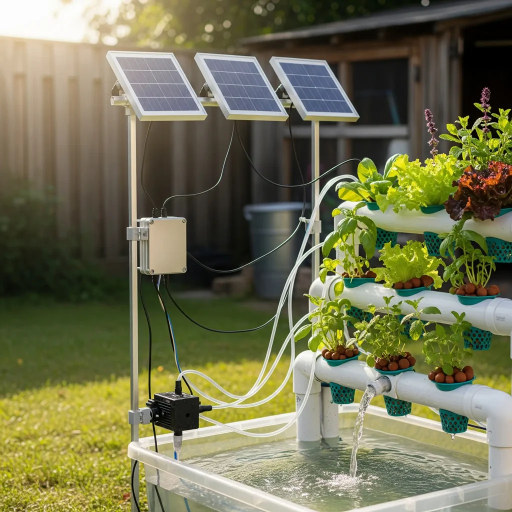 Solar-powered off-grid hydroponic system with panels and water pump