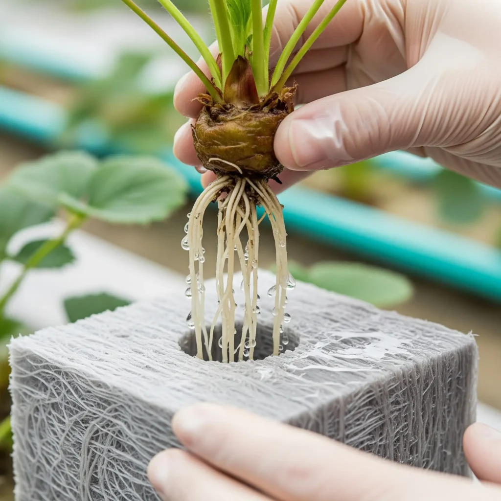 Grow Your Own Hydroponic Strawberries Indoors: A Complete Guide 2 A close-up shot of a bare root strawberry crown being carefully placed into a rockwool growing medium.