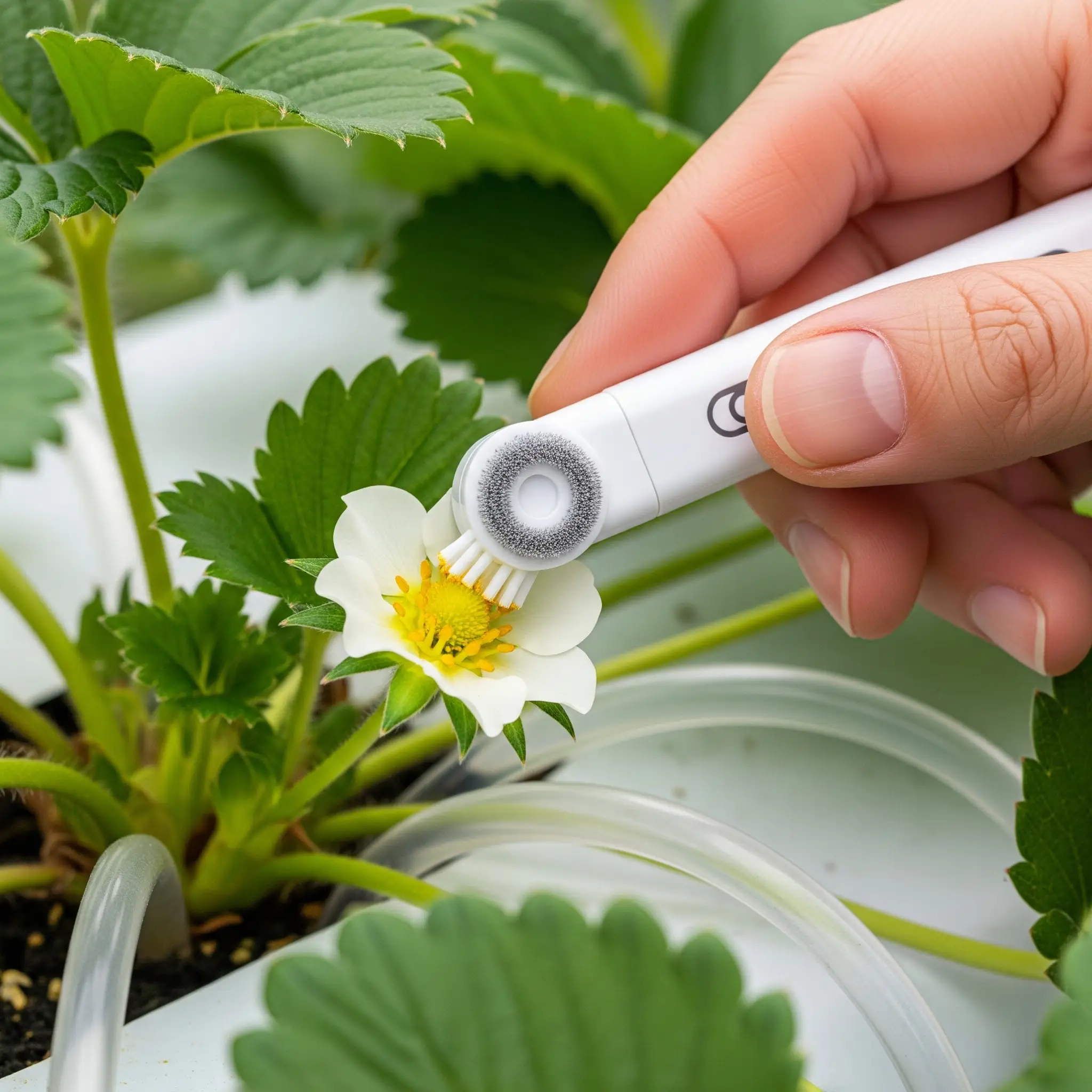 A close-up of a hand using a small electric toothbrush to gently pollinate a hydroponic strawberry flower.