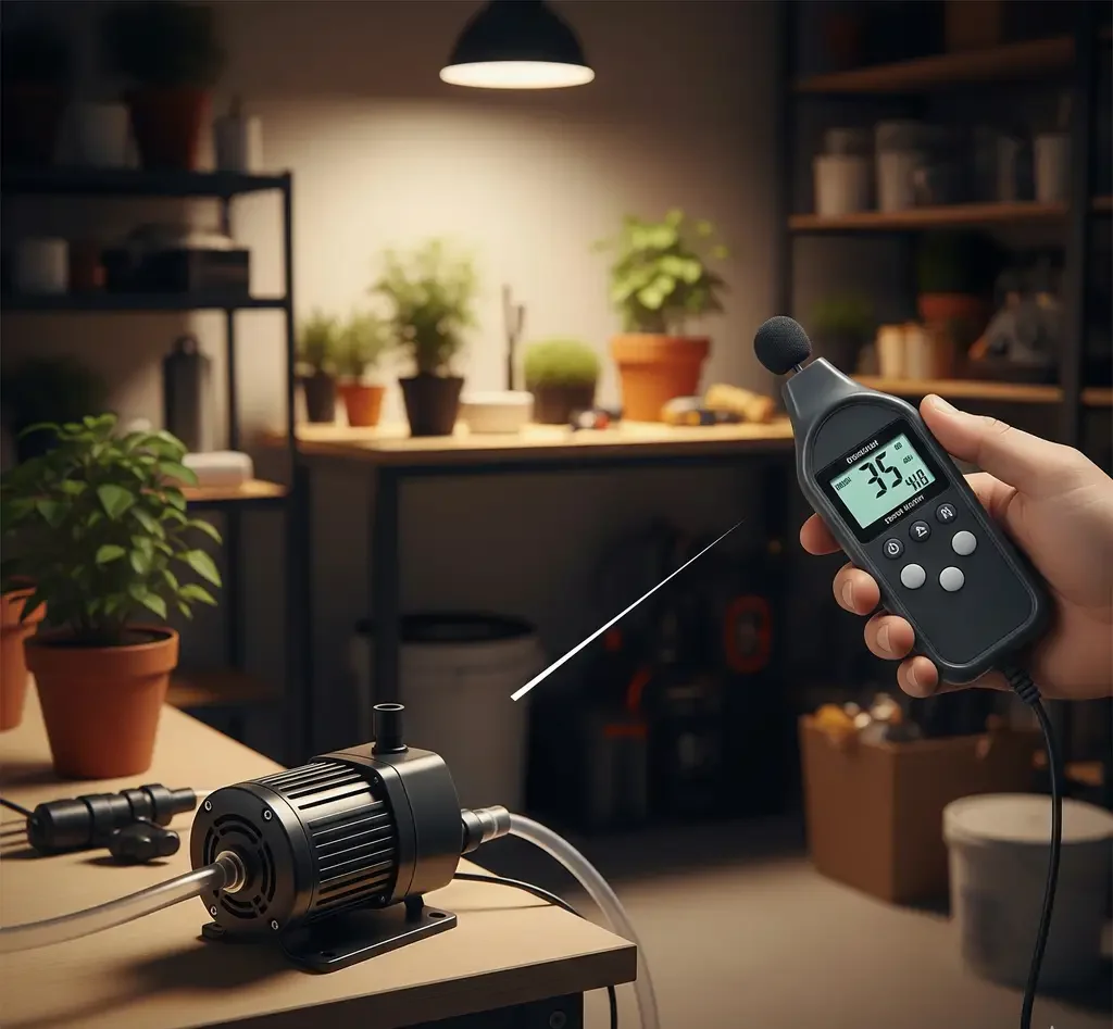 A decibel meter measures the noise level of a quiet solar water pump for an off-grid hydroponic system.