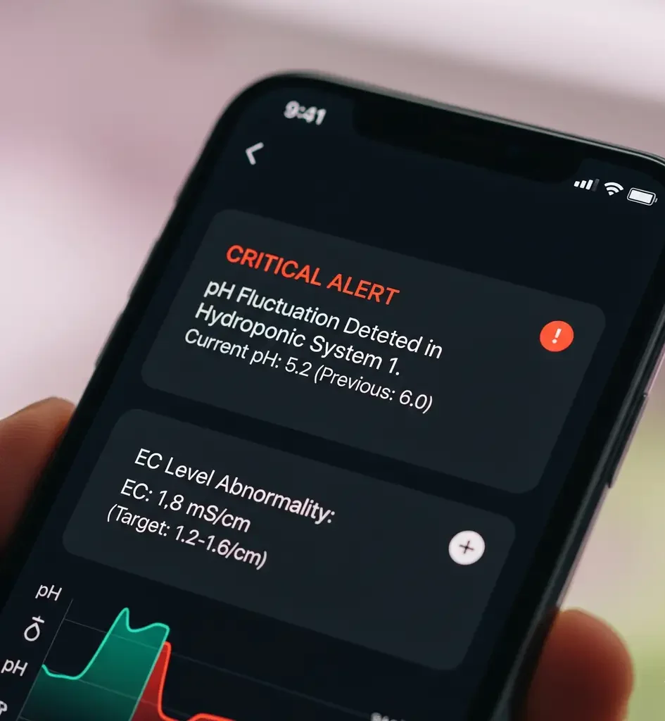 A smartphone screen displaying an SMS or app notification alerting a grower to a critical pH or EC fluctuation in their hydroponic system.
