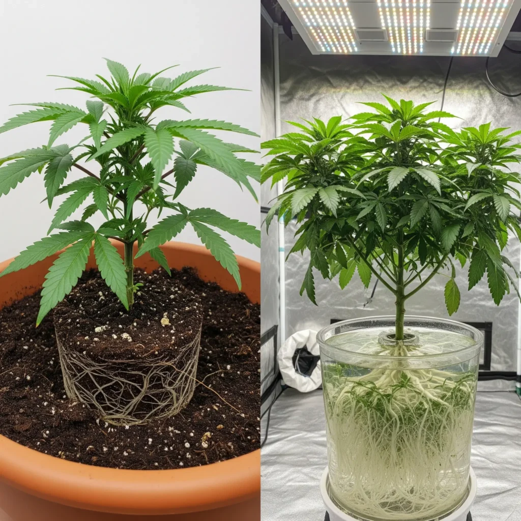 A visual comparison of a plant in soil versus a plant in a hydroponic cannabis setup, highlighting the difference in growth.