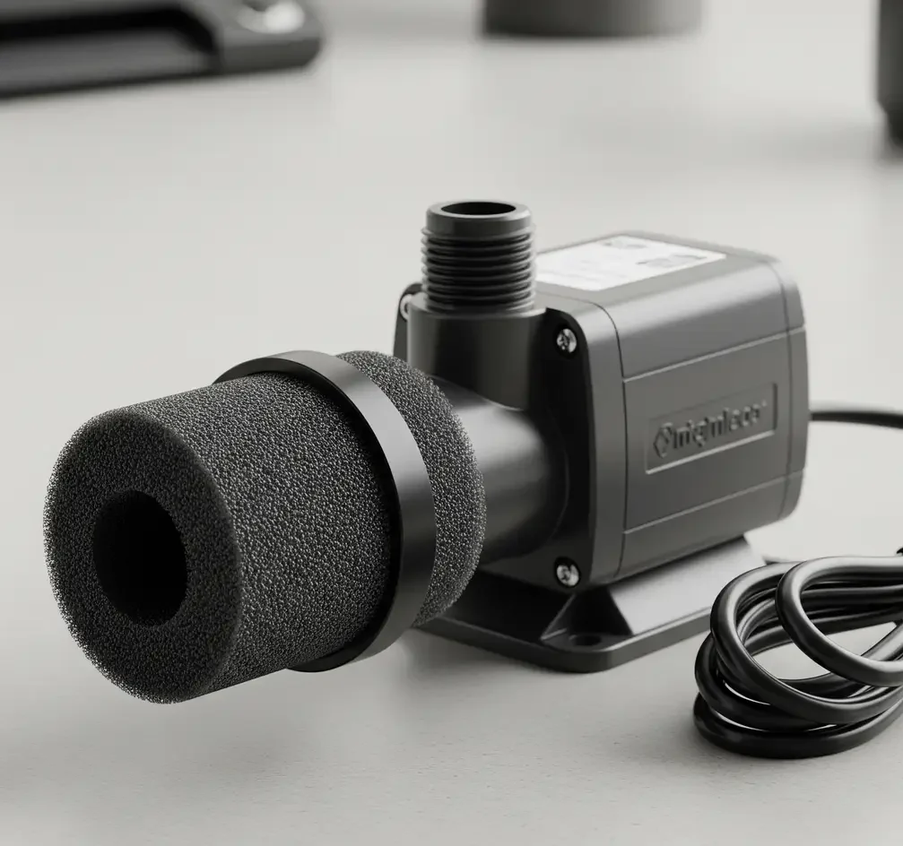 A submersible hydroponic pump with an installed sponge pre-filter to prevent debris and clogs.