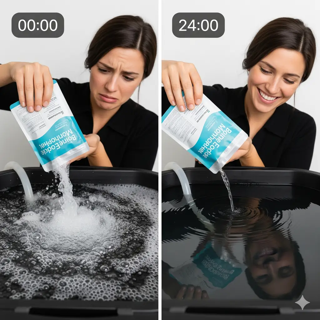 A visual guide demonstrating the correct timing for dosing beneficial microbes after a hydrogen peroxide flush in a hydroponic system.