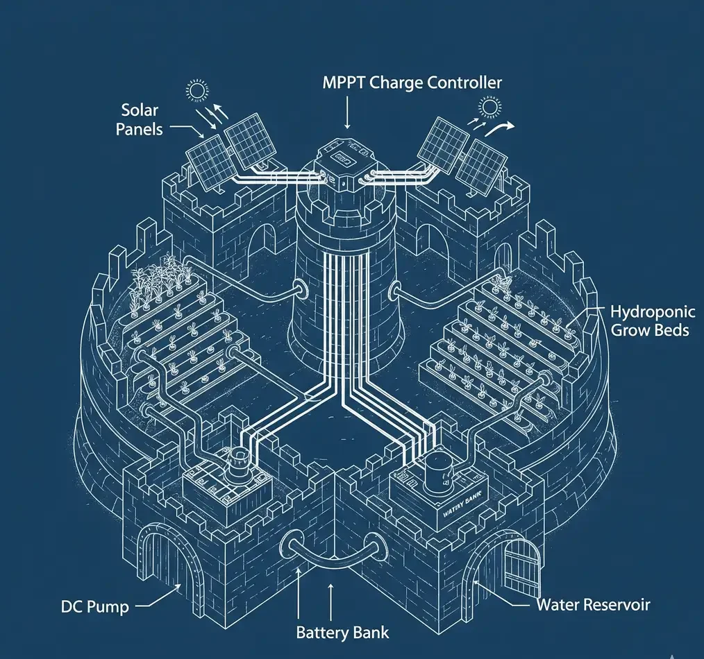 A blueprint of an unbreakable off-grid hydroponic system, highlighting key components for reliability.