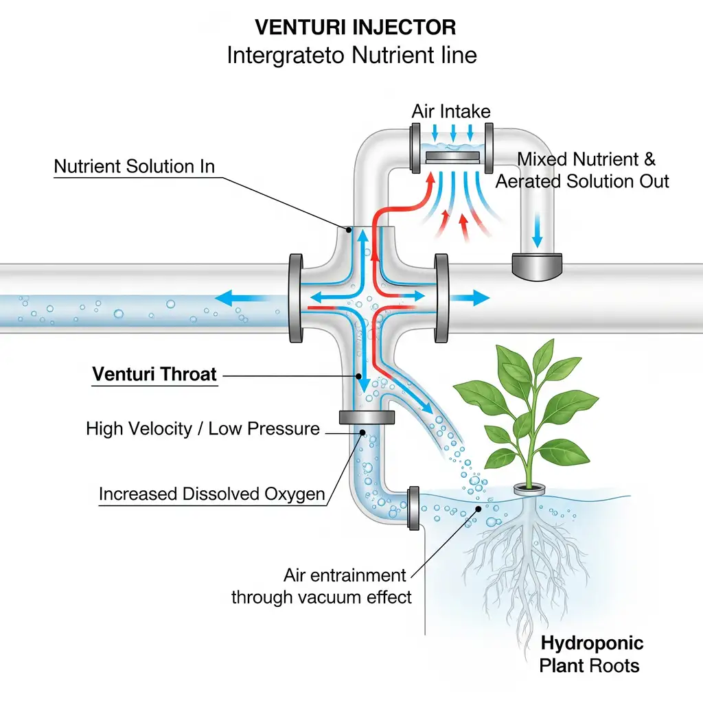 Hydroponic Leafy Greens Yield Hack: Grow 40% More in Half the Time 4 A technical diagram showing how a Venturi injector pulls air into a nutrient line to increase dissolved oxygen levels for hydroponic plant roots.