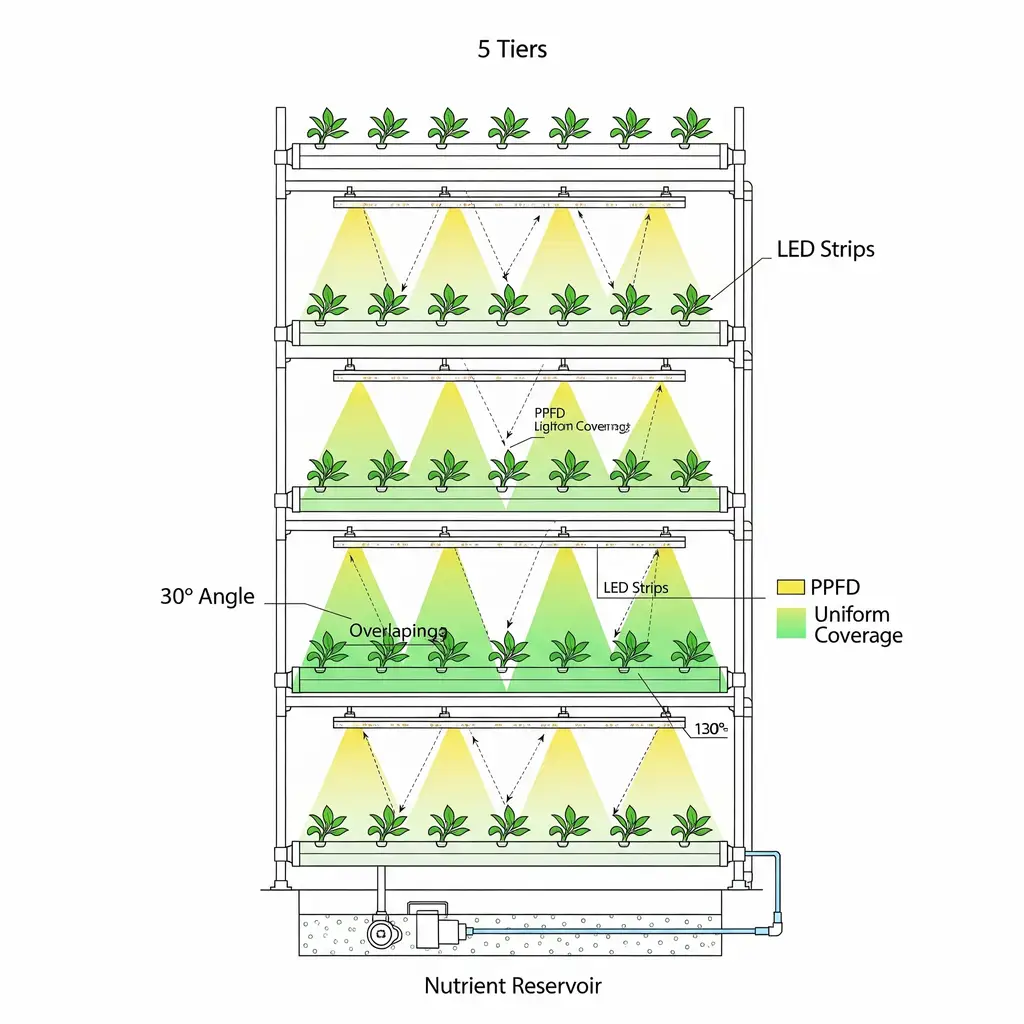 A blueprint of a vertical garden showing LED strip placement and how angled lighting creates uniform PPFD coverage.