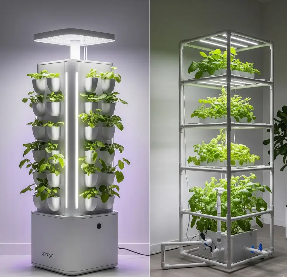 A visual comparison of a high-end, minimalist vertical hydroponic garden and a more functional, utilitarian PVC rack system.