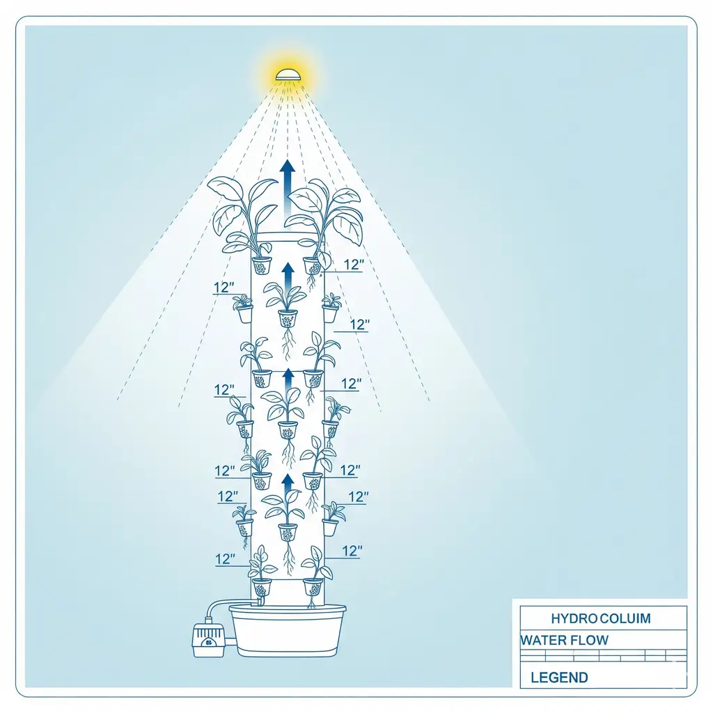A spacing diagram showing the ideal vertical gap between net cups to prevent light theft on a vertical hydroponic tower.