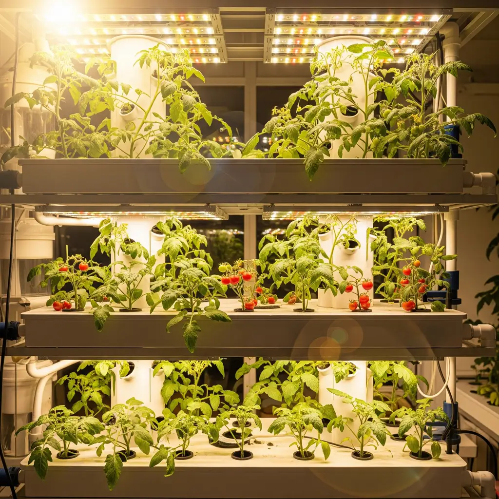  A vibrant, productive vertical hydroponic system with small tomato plants.