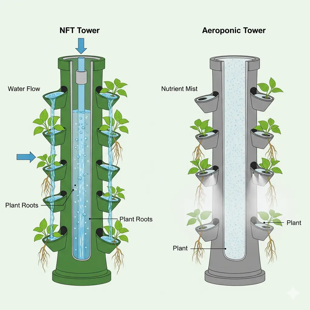 Vertical Hydroponics Unleashed: A DIY Blueprint for Urban Farming 1 A diagram comparing the internal workings of an NFT tower, with water flowing down a pipe, and an aeroponic tower, with a nutrient mist in the interior.