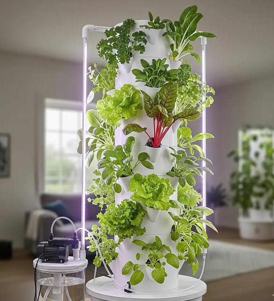 A vertical hydroponic tower setup with various leafy greens, illustrating a space-saving method for indoor gardening.