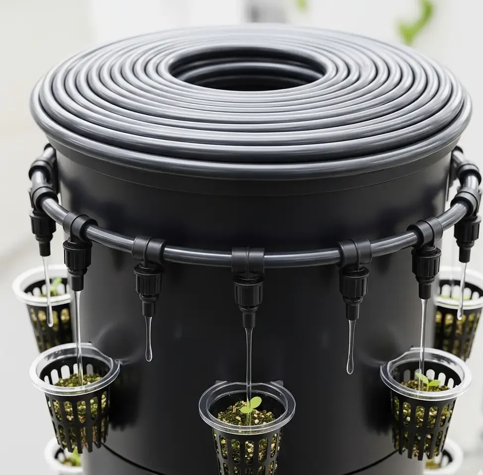 A manifold with drip emitters designed for a DIY vertical hydroponic tower to ensure even water flow to all plants.