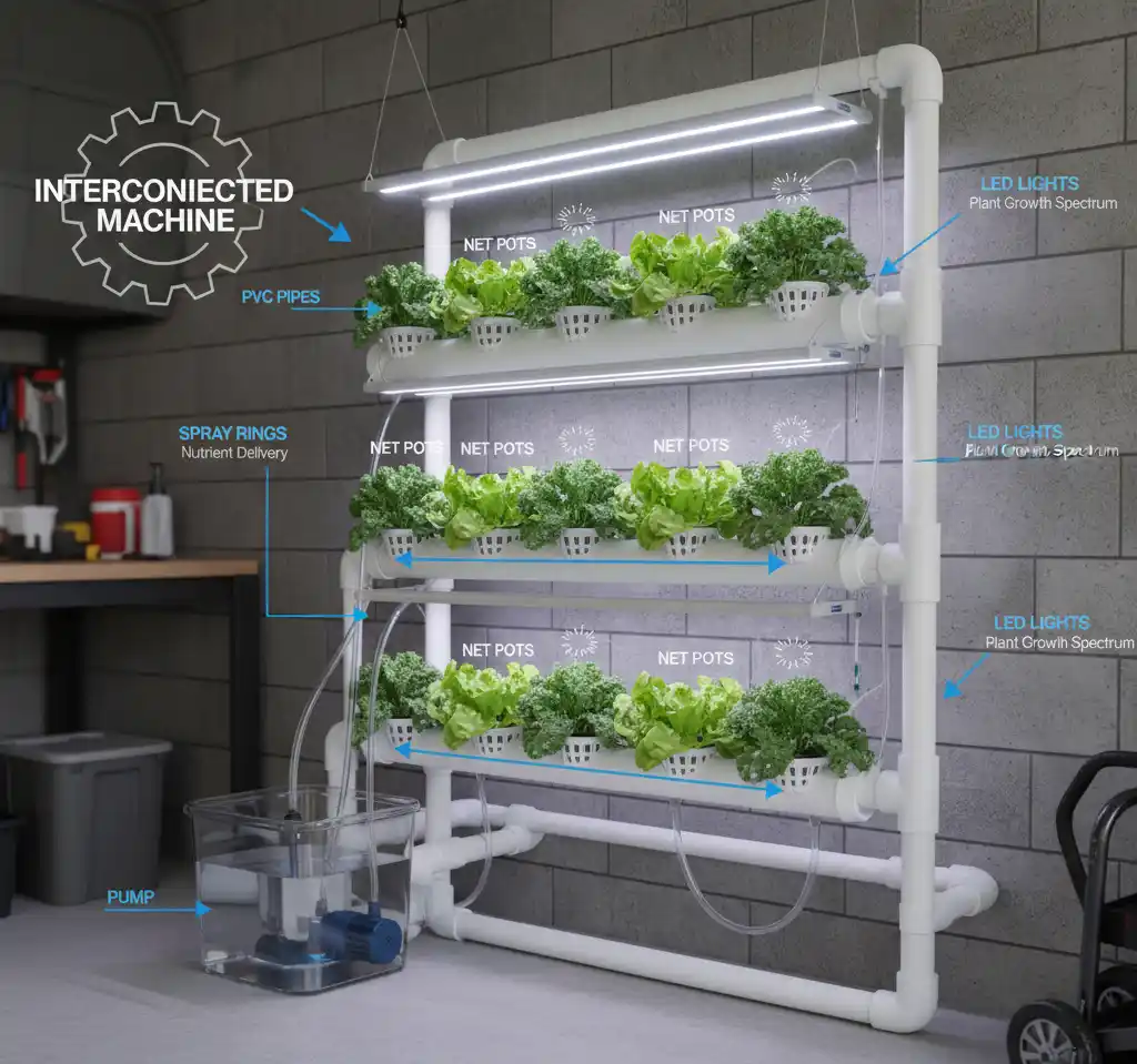 DIY PVC Hydroponics: Master Spacing, Flow & Light to End Lopsided Growth 1 3D technical diagram of a DIY PVC pipe hydroponic tower showing water flow, component labels, and healthy plants.