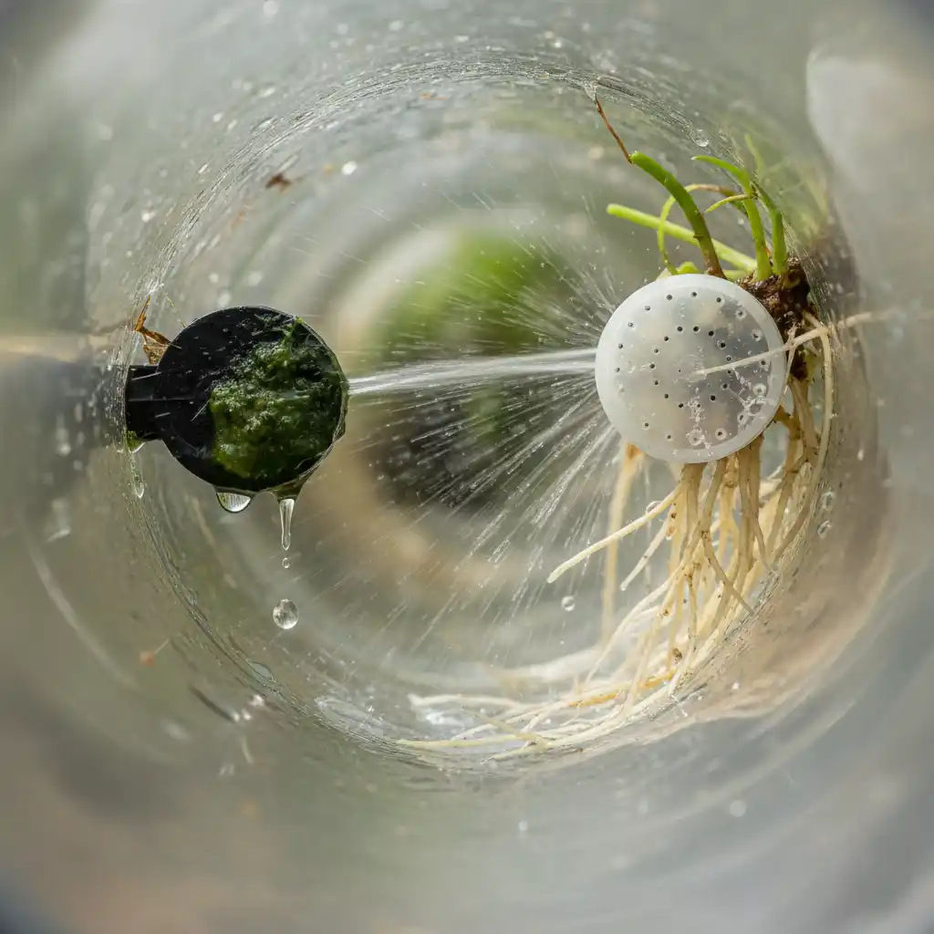 DIY PVC Hydroponics: Master Spacing, Flow & Light to End Lopsided Growth 6 Close-up comparison of a clogged hydroponic dripper and a well-functioning spray ring emitter.
