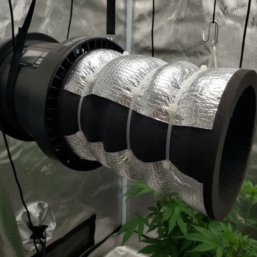 Close-up of an inline fan with DIY insulation wrap on the ducting to reduce noise in a hydroponic tent.
