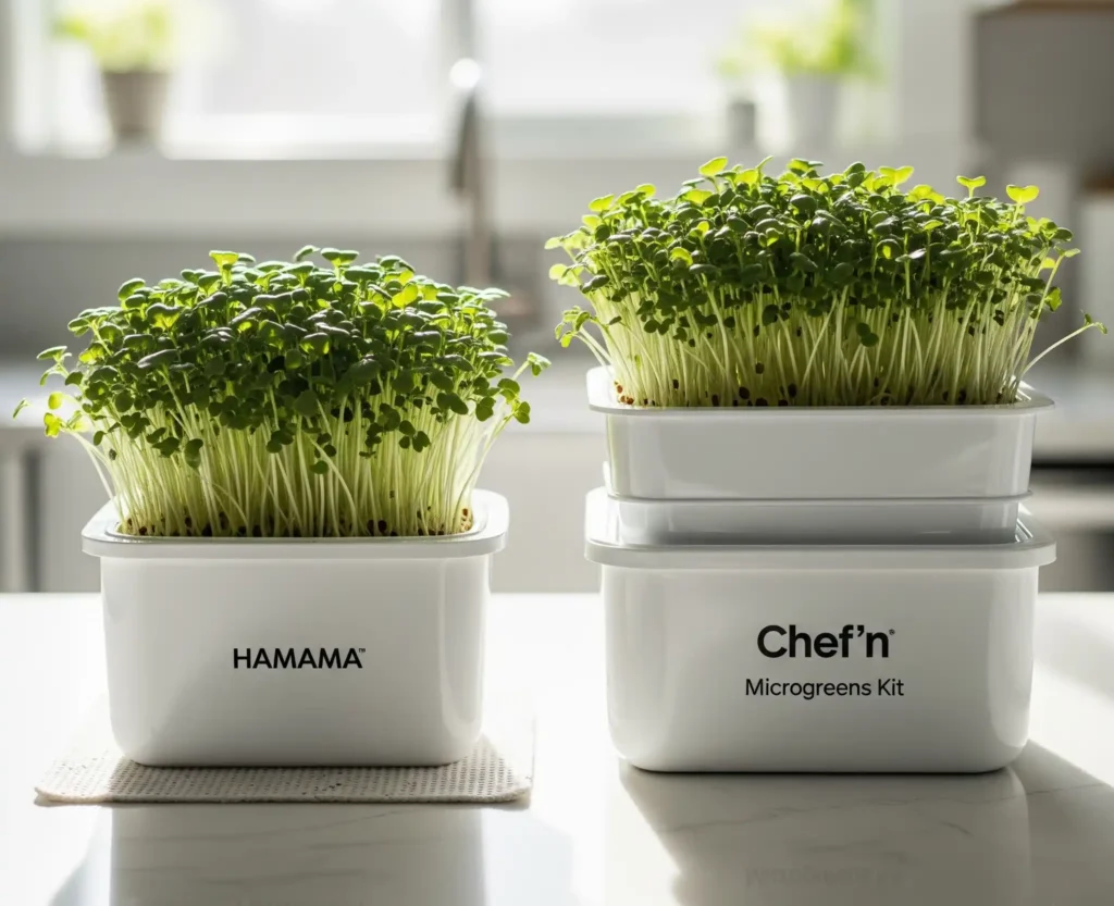 Hamama vs Chef'n microgreens kit comparison on kitchen counter | best beginner hydroponic kits