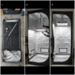 Step-by-step photos showing the easy method of assembling a grow tent by laying it on its back first.