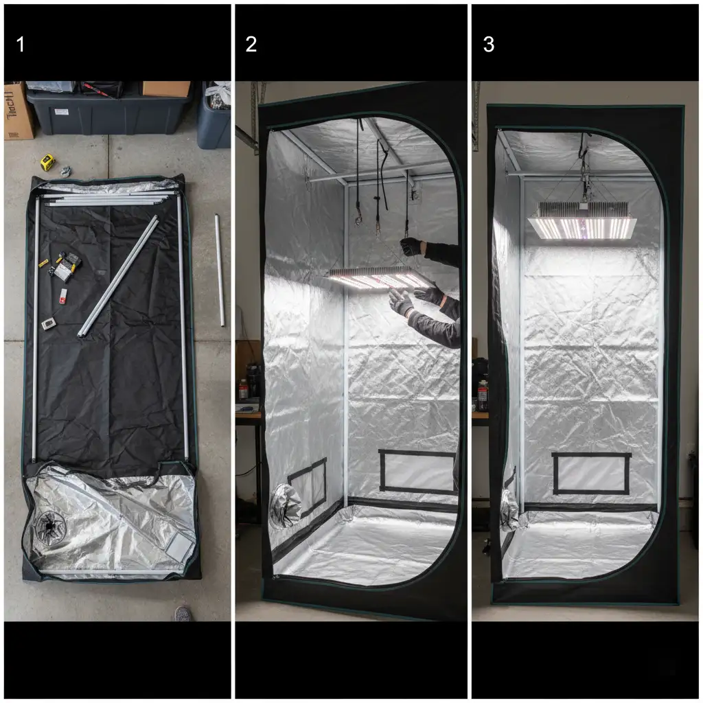 Step-by-step photos showing the easy method of assembling a grow tent by laying it on its back first.