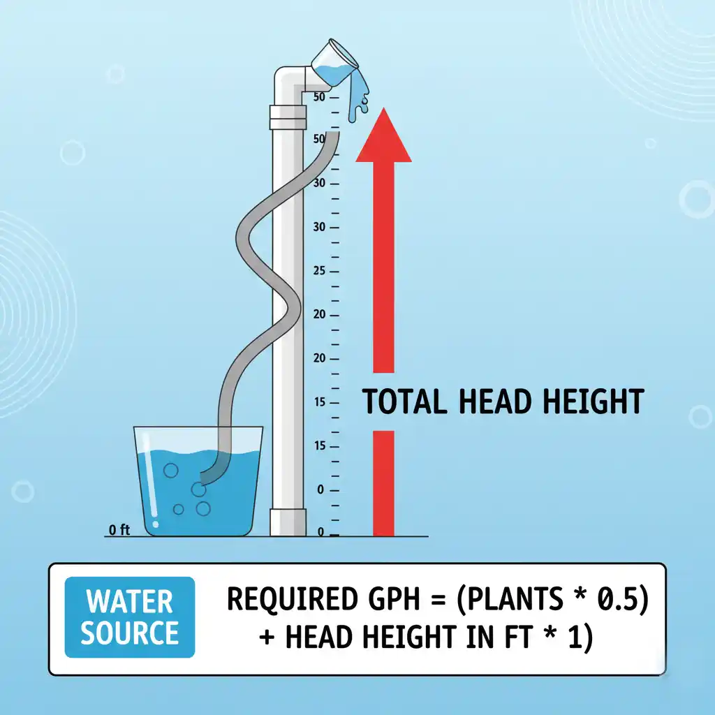 DIY PVC Hydroponics: Master Spacing, Flow & Light to End Lopsided Growth 4 Infographic explaining how to measure total head height and calculate GPH for a hydroponic water pump.