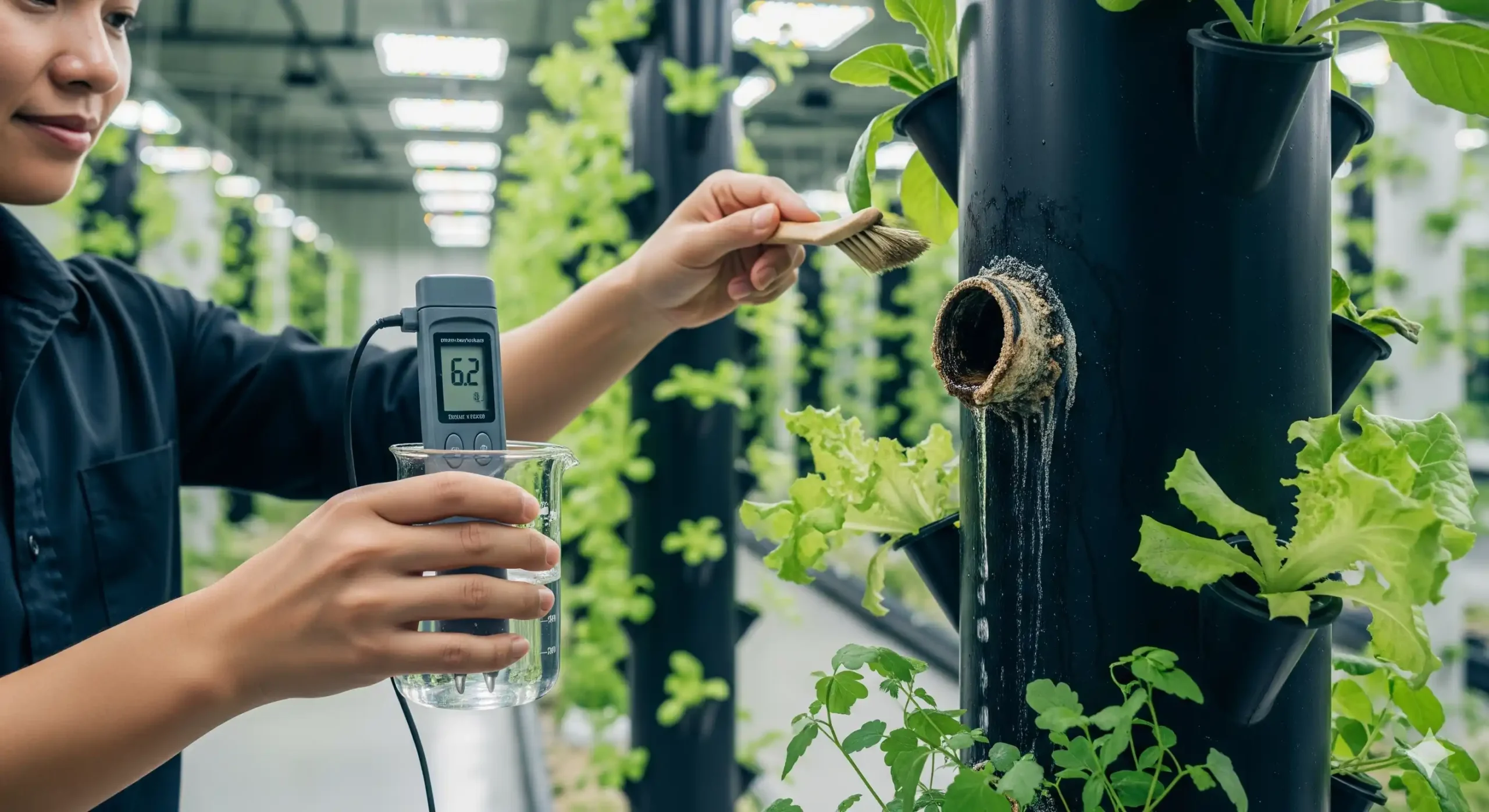 A person is performing maintenance on a vertical hydroponic system. They are holding a digital pH meter in one hand, submerged in a beaker of water, and a cleaning brush in the other, which is near a clogged nozzle on a black vertical pipe.
