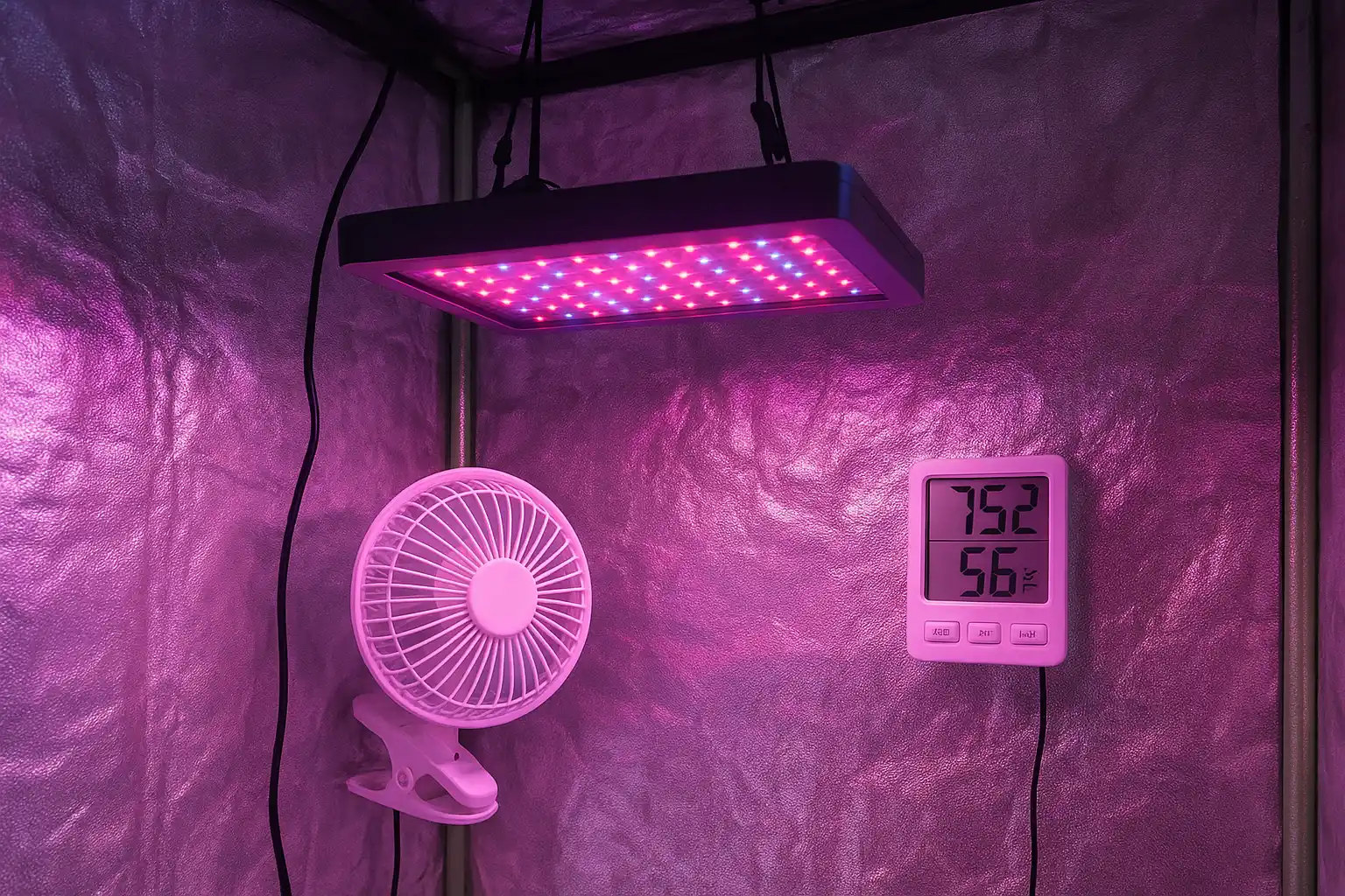 Hydroponic grow tent interior with climate control devices