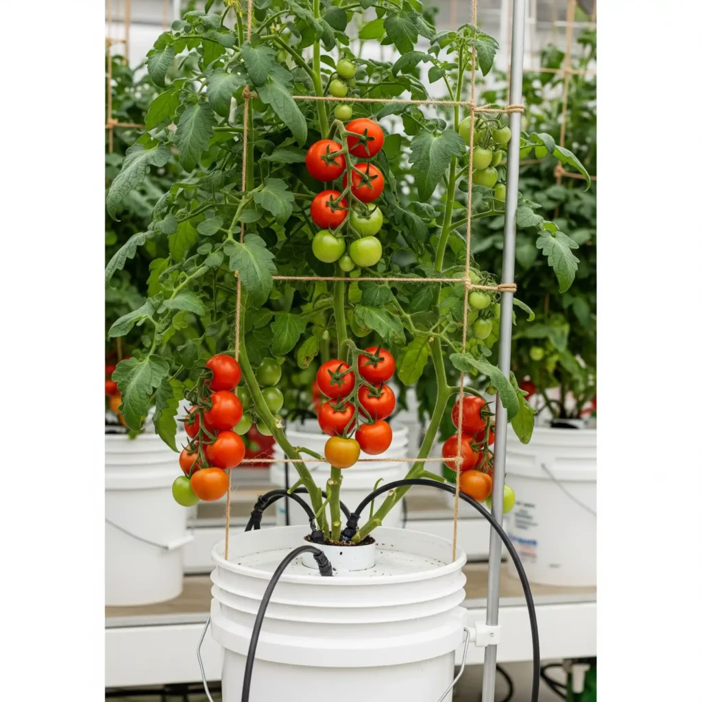 A realistic photo of a large, healthy tomato plant growing vertically in a Dutch bucket system with perlite medium, showing the drip irrigation and trellis support.