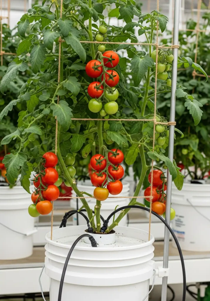 A realistic photo of a large, healthy tomato plant growing vertically in a Dutch bucket system with perlite medium, showing the drip irrigation and trellis support.